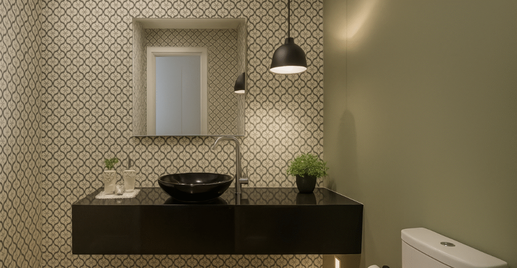 lavabo decorado com papel de parede